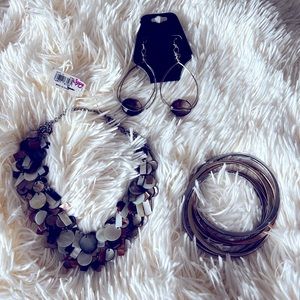 NWT.  Bundle of 3 Items. Jewelry. Necklace. Earrings. Bracelet. Gold. Silver.